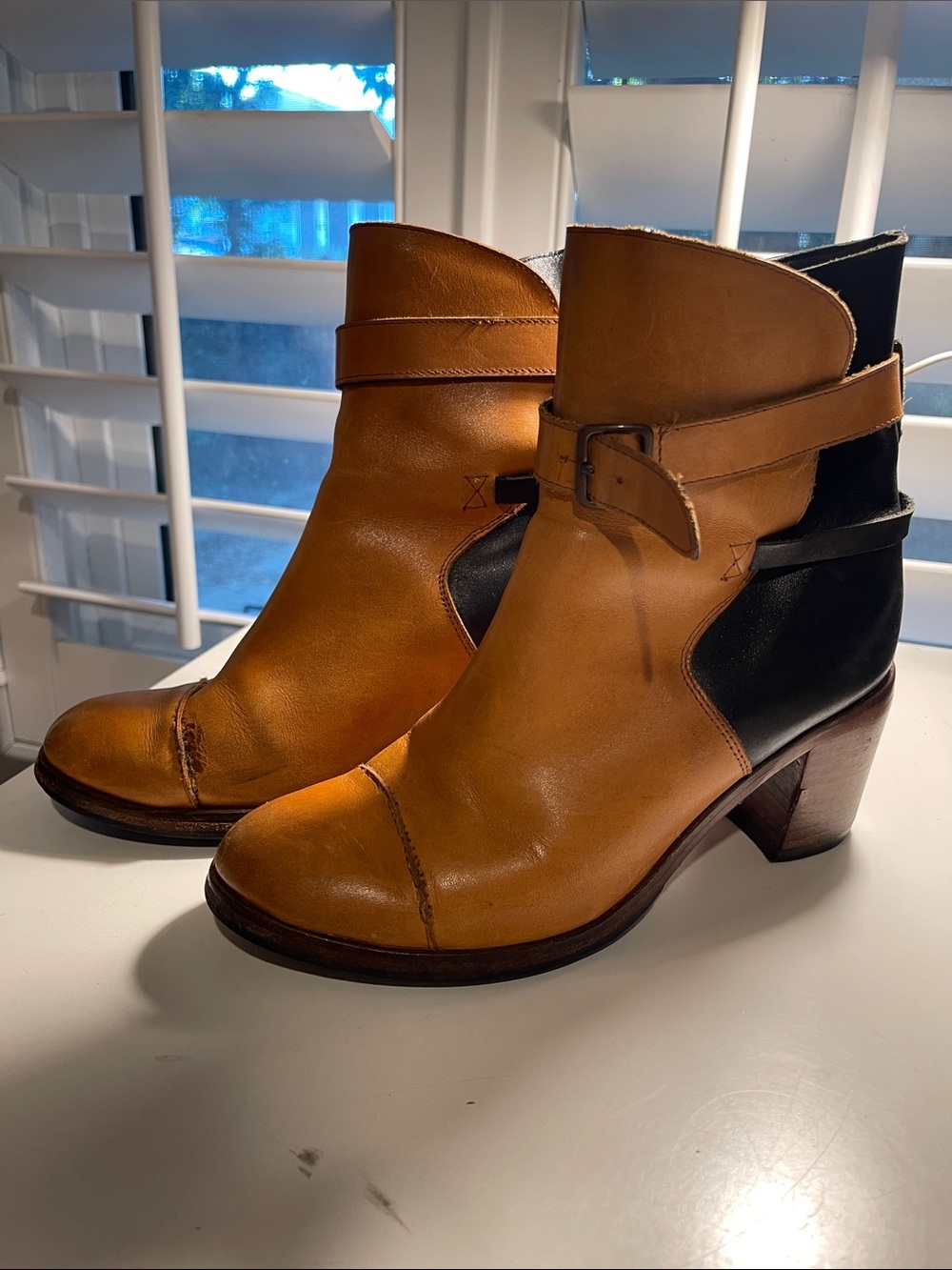 Two-Tone Tan & Black Leather Heritage Ankle Boots